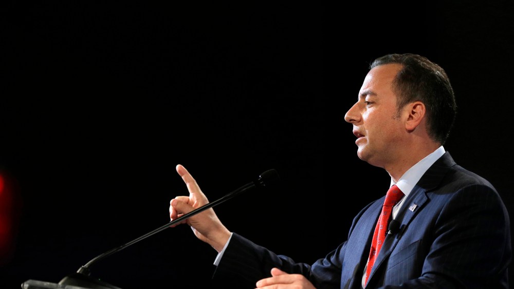 Chairman of the Republican National Committee Reince Priebus addresses an audience at an event, July 31, 2014, in Boston. (Photo by Steven Senne/AP)