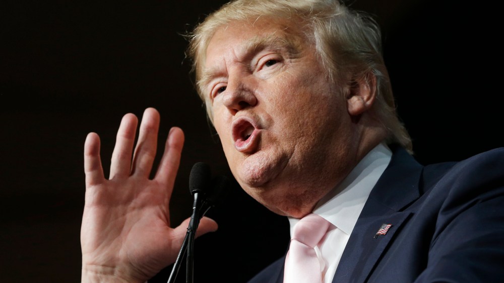 In this Oct. 23, 2015, file photo, Republican presidential candidate Donald Trump speaks at the Trump National Doral Miami resort in Doral, Fla. (Photo by Alan Diaz/AP)