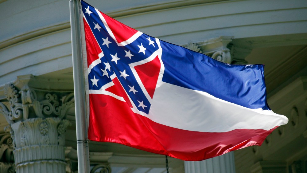 In this photo taken June 23, 2015, the Mississippi state flag is flown in Jackson, Miss. (Photo by Rogelio V. Solis/AP)