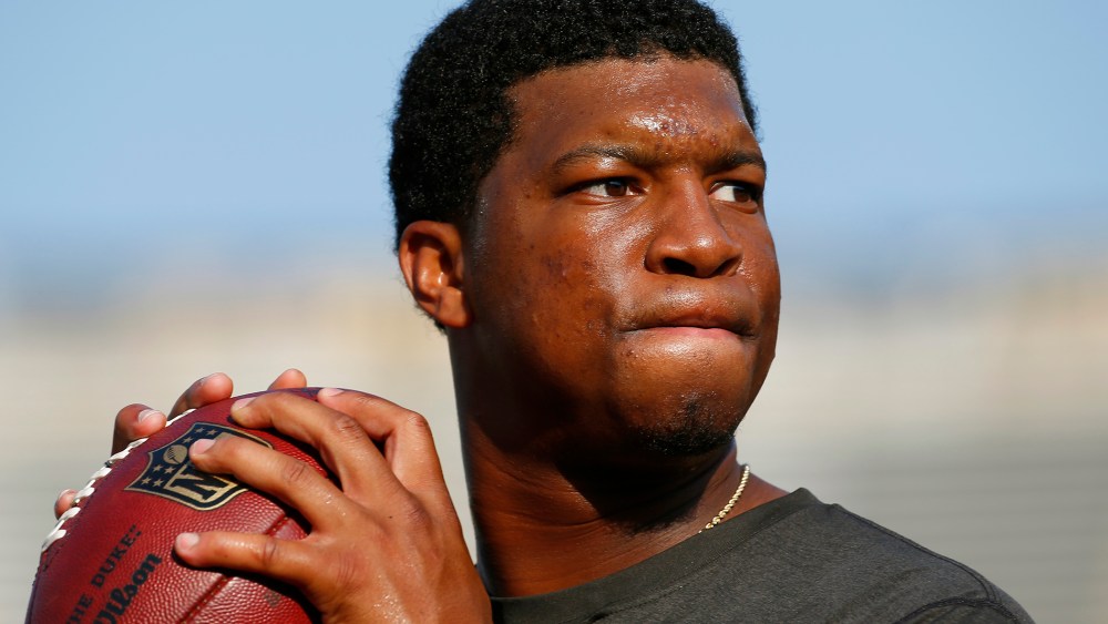 In this Aug. 15, 2015, file photo, Tampa Bay Buccaneers quarterback Jameis Winston warms up before a preseason NFL game. (Photo by Paul Sancya/AP)
