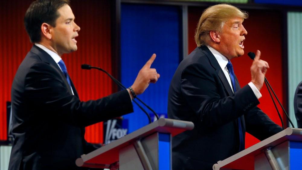 Republican presidential candidates Sen. Marco Rubio and businessman Donald Trump argue during a Republican presidential primary debate at Fox Theatre on March 3, 2016, in Detroit, Mich. (Paul Sancya/AP)