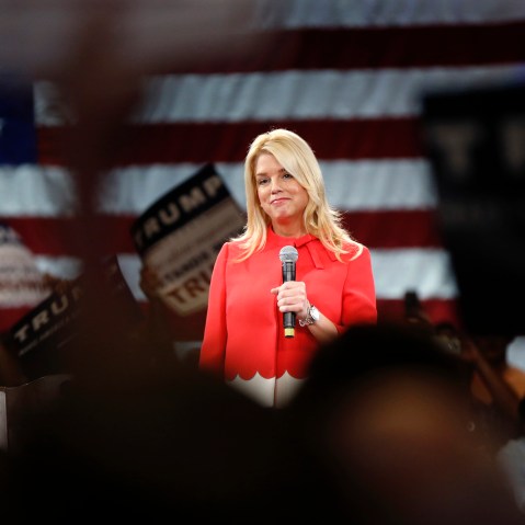 Fla. Attorney General Pam Bondi makes introductory remarks for Republican presidential candidate Donald Trump, before Trump arrives at a campaign event in Tampa, Fla. on March 14, 2016. (Photo by Gerald Herbert/AP)