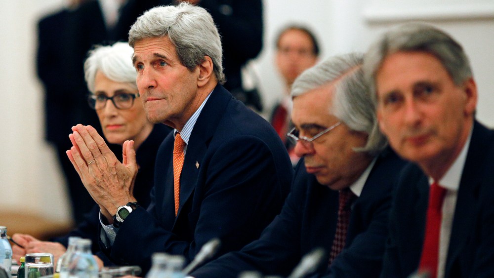 U.S. Secretary of State John Kerry meets with foreign ministers of Germany, France, China, Britain, Russia and the European Union at a hotel in Vienna, Austria on July 7, 2015. (Photo by Carlos Barria/Pool/AP)