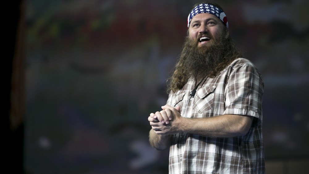 Duck Commander CEO and star of the reality television series Duck Dynasty, Willie Robertson speaks at an event in Fayetteville, Ark., on June 5, 2013.  (Photo by Gareth Patterson/AP)