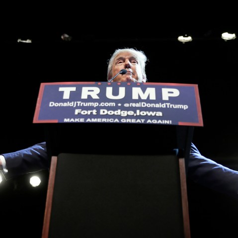 Republican presidential candidate Donald Trump speaks during a rally at Iowa Central Community College, Nov. 12, 2015, in Fort Dodge, Iowa. (Photo by Charlie Neibergall/AP)