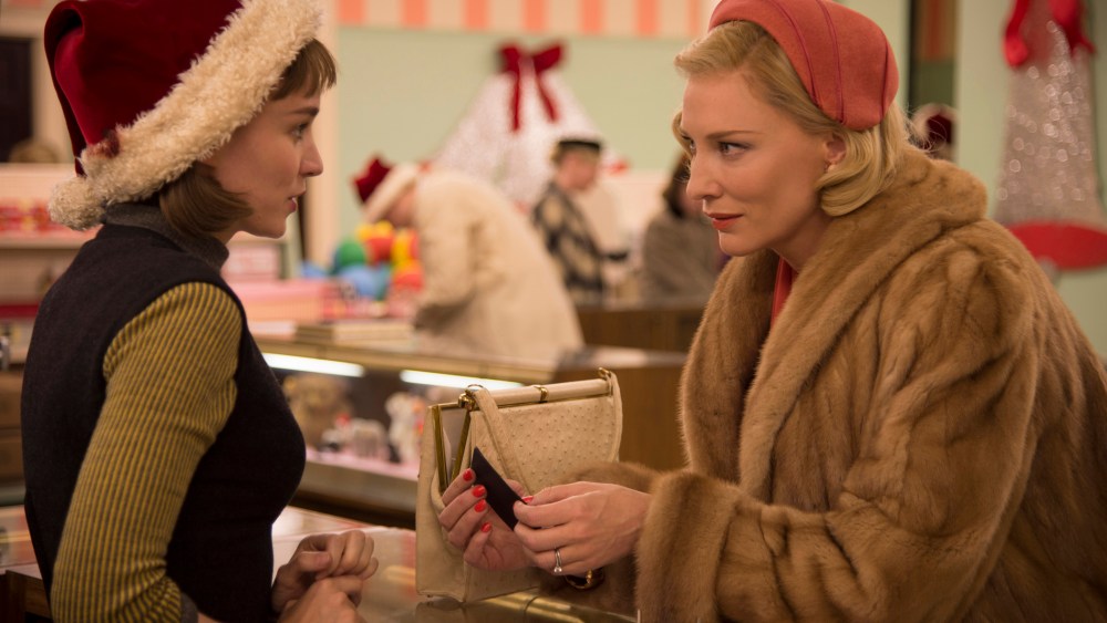 This photo provided by The Weinstein Company shows, Rooney Mara, left, as Therese Belivet, and Cate Blanchett, as Carol Aird, in a scene from the film, "Carol." (Photo by Wilson Webb/The Weinstein Company/AP)