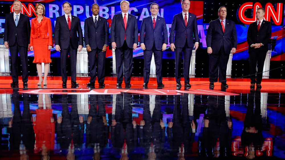 Republican presidential candidates take the stage during the CNN Republican presidential debate at the Venetian Hotel & Casino on Dec. 15, 2015, in Las Vegas. (Photo by Mark J. Terrill/AP)