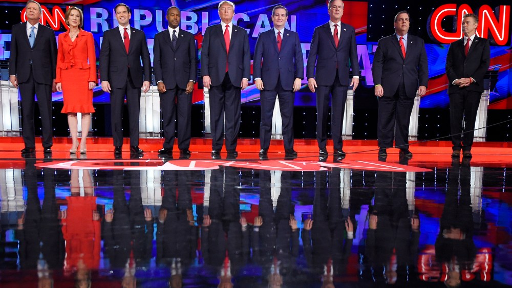 John Kasich, Carly Fiorina, Marco Rubio, Ben Carson, Donald Trump, Ted Cruz, Jeb Bush, Chris Christie, Rand Paul (Photo by Mark J. Terrill/AP)