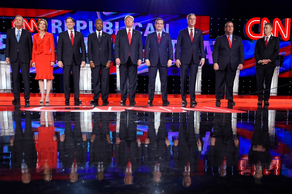 John Kasich, Carly Fiorina, Marco Rubio, Ben Carson, Donald Trump, Ted Cruz, Jeb Bush, Chris Christie, Rand Paul (Photo by Mark J. Terrill/AP)