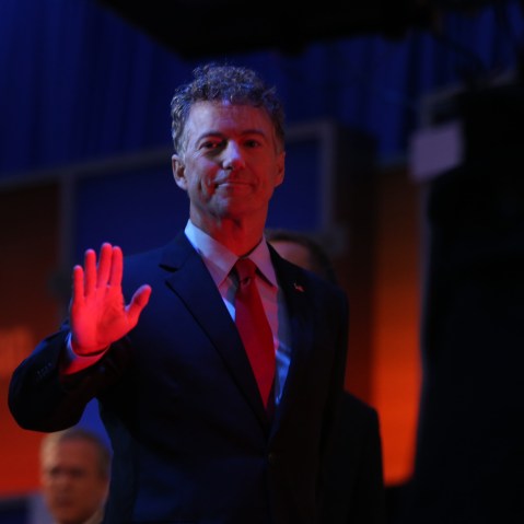 Republican presidential candidate Sen. Rand Paul, R-Ky., waves during the first Republican presidential debate at the Quicken Loans Arena, Aug. 6, 2015, in Cleveland. (Photo by Andrew Harnik/AP)