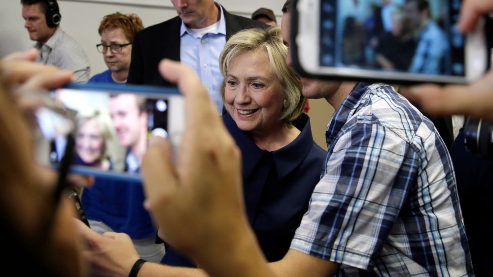 Democratic presidential candidate Hillary Rodham Clinton greets supporters during the Annual Hawkeye Labor Council AFL-CIO Labor Day picnic, Sept. 7, 2015, in Cedar Rapids, Iowa. (Photo by Charlie Neibergall/AP)