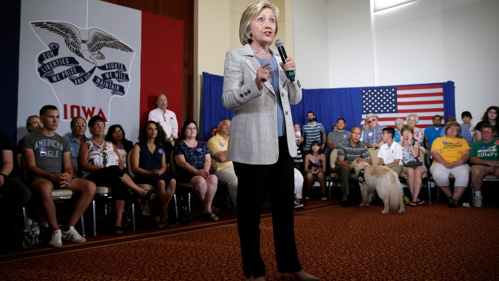 Democratic presidential candidate Hillary Rodham Clinton speaks during a campaign event on July 26, 2015, at Iowa State University in Ames, Iowa. (Photo by Charlie Neibergall/AP)