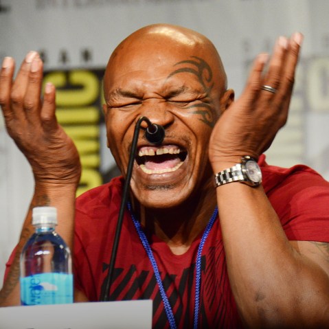 Mike Tyson reacts as he speaks on a panel at Comic-Con International, July 10, 2015, in San Diego, Calif. (Photo by Tonya Wise/AP)