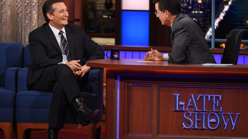Senator and Republican presidential candidate Ted Cruz speaks with Stephen Colbert on The Late Show, Sept. 21, 2015. (Jeffrey R. Staab/CBS via AP)