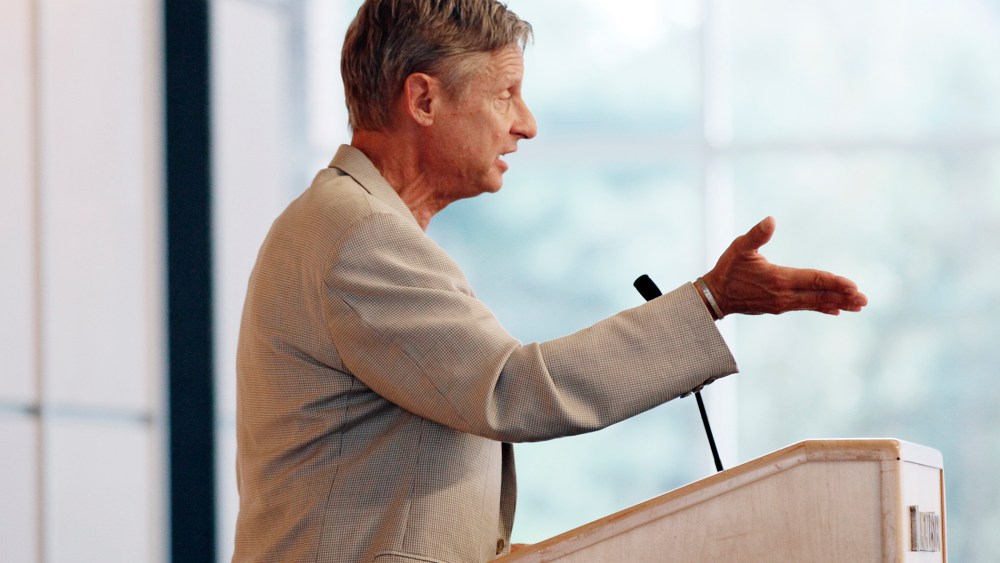 Gary Johnson, the Libertarian Party candidate for president, addresses an audience of students and the public at Macalester College, Sept. 21, 2012 in St. Paul, Minn. (Photo by Jim Mone/AP)
