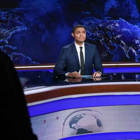 Trevor Noah on set during a taping of "The Daily Show with Trevor Noah" on Sept. 29, 2015, in New York. (Photo by Evan Agostini/Invision/AP)
