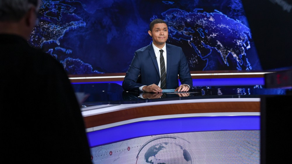 Trevor Noah on set during a taping of "The Daily Show with Trevor Noah" on Sept. 29, 2015, in New York. (Photo by Evan Agostini/Invision/AP)