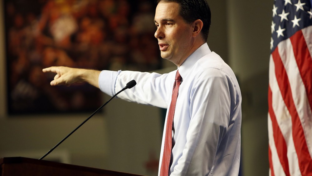 Republican presidential candidate, Wisconsin Gov. Scott Walker speaks during a campaign stop called Politics and Eggs with business leaders and political activist, Friday, Aug. 21, 2015, in Manchester, N.H. (Jim Cole/AP)
