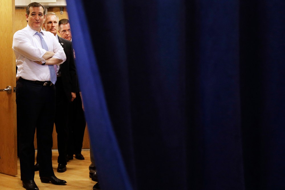 Republican presidential candidate, Sen. Ted Cruz, R-Texas, waits behind a curtain for his introduction at a rally in Towson, Md., April 18, 2016. (Photo by Patrick Semansky/AP)
