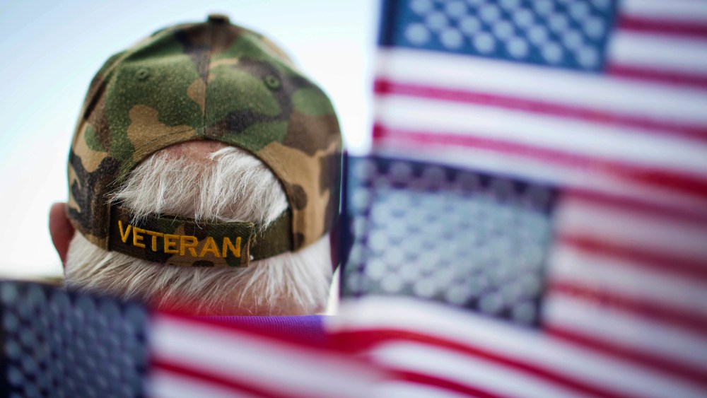 A veterans is surrounded by flags at a Veterans Day parade in Montgomery, Ala. (Photo by Brynn Anderson/AP)