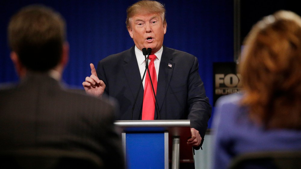Republican presidential candidate, businessman Donald Trump speaks during the sixth Republican presidential debate at the North Charleston Coliseum, Jan. 14, 2016, in North Charleston, S.C. (Photo by Chuck Burton/AP)