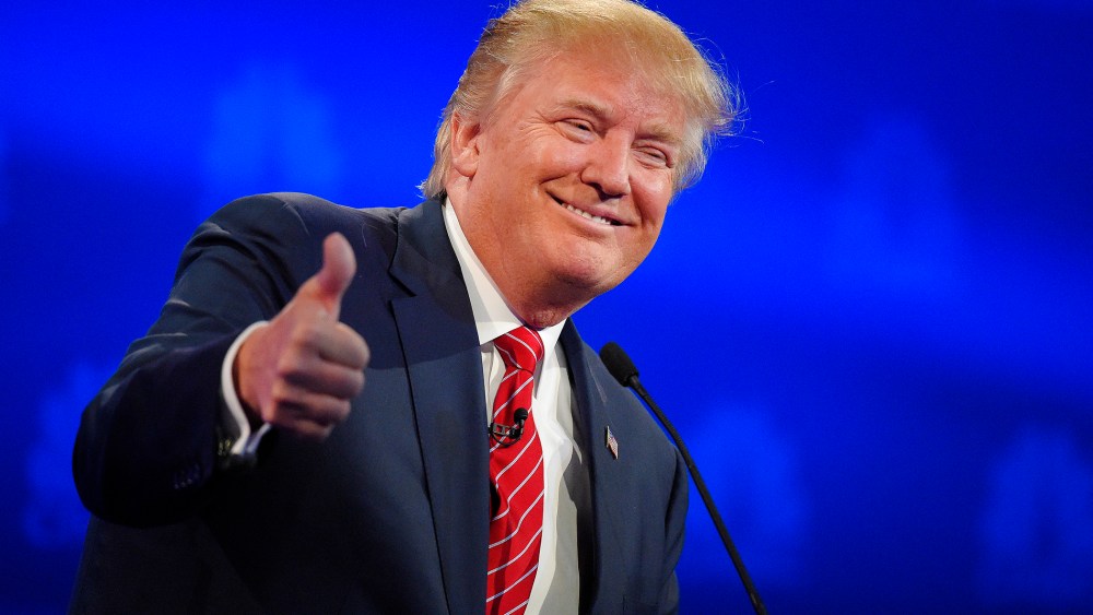 Donald Trump makes a point during the CNBC Republican presidential debate at the University of Colorado, Oct. 28, 2015, in Boulder, Colo. (Photo by Mark J. Terrill/AP)