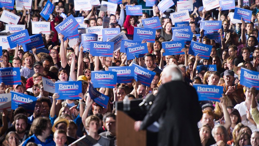 Democratic presidential candidate, Sen. Bernie Sanders speaks to supporters during a campaign rally at Prince William Fairground in Manassas, Va., Sept. 14, 2015. (Photo by Cliff Owen/AP)