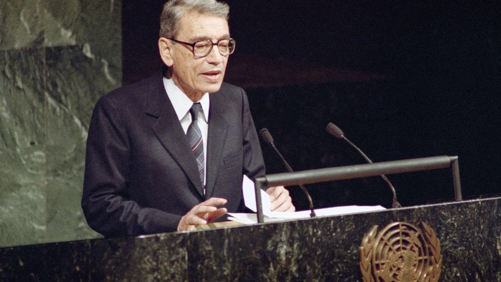 In this Dec. 31, 1991 file photo, Boutros Boutros-Ghali, then Deputy Foreign Minister of Egypt, addresses the United Nations General Assembly after being sworn in as the new U.S. Secretary-General in United Nations. (Photo by Marty Lederhandler/AP)