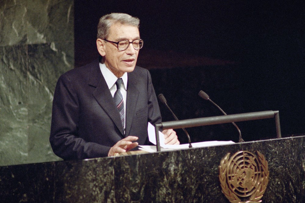 In this Dec. 31, 1991 file photo, Boutros Boutros-Ghali, then Deputy Foreign Minister of Egypt, addresses the United Nations General Assembly after being sworn in as the new U.S. Secretary-General in United Nations. (Photo by Marty Lederhandler/AP)