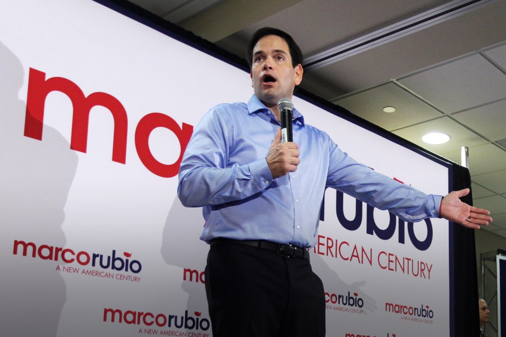 Republican presidential candidate Sen. Marco Rubio, R-Fla., talks to supporters, Saturday, Dec. 5, 2015, in Miami. (Photo by Luis M. Alvarez/AP)
