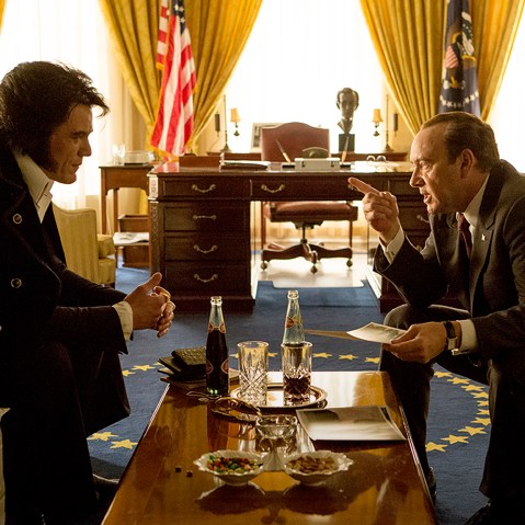 In this image released by Bleecker Street, Michael Shannon portrays Elvis Presley, left, and Kevin Spacey portrays President Richard Nixon in a scene from "Elvis & Nixon." (Photo by Steve Dietl/Bleecker Street/AP)