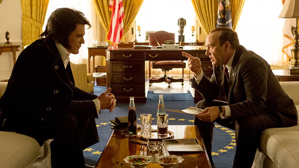 In this image released by Bleecker Street, Michael Shannon portrays Elvis Presley, left, and Kevin Spacey portrays President Richard Nixon in a scene from "Elvis & Nixon." (Photo by Steve Dietl/Bleecker Street/AP)