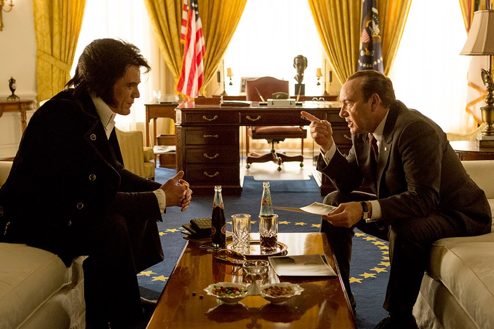 In this image released by Bleecker Street, Michael Shannon portrays Elvis Presley, left, and Kevin Spacey portrays President Richard Nixon in a scene from "Elvis & Nixon." (Photo by Steve Dietl/Bleecker Street/AP)