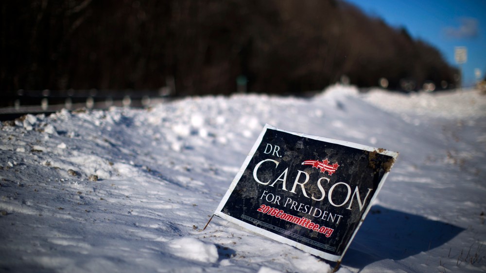 A sign is posted in newly fallen snow for Republican presidential candidate Dr. Ben Carson, Jan. 13, 2016, along a roadside in Peterborough, N.H. (Photo by Matt Rourke/AP)