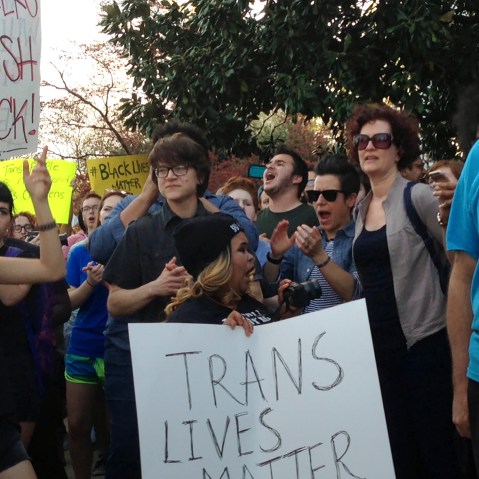 People protest outside the North Carolina Executive Mansion in Raleigh, N.C., March 24, 2016. (Photo by Emery P. Dalesio/AP)