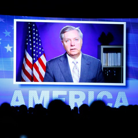U.S. Sen. Lindsey Graham speaks to the Southern Republican Leadership Conference in Oklahoma City, Friday, May 22, 2015, via video teleconference from Washington. (Photo by Alonzo Adams/AP)