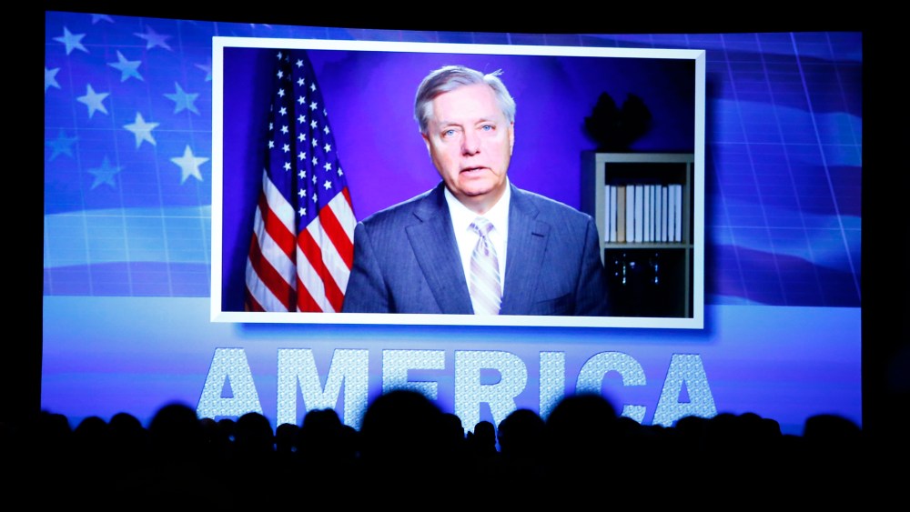 U.S. Sen. Lindsey Graham speaks to the Southern Republican Leadership Conference in Oklahoma City, Friday, May 22, 2015, via video teleconference from Washington. (Photo by Alonzo Adams/AP)