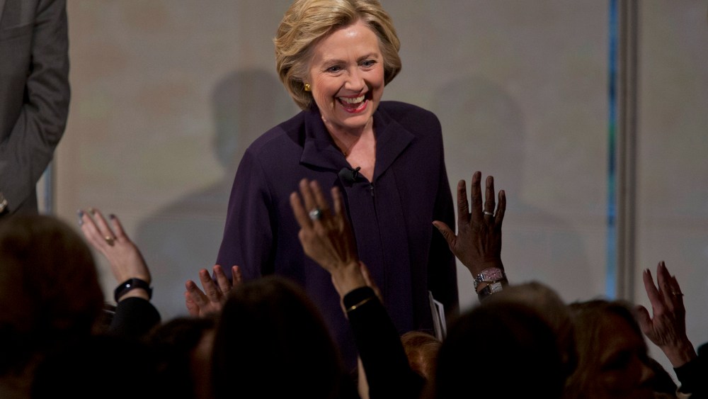 Democratic presidential candidate Hillary Clinton greets members of the audience during a Glassdoor Pay Equality Roundtable, April 12, 2016, in New York. (Photo by Mary Altaffer/AP)