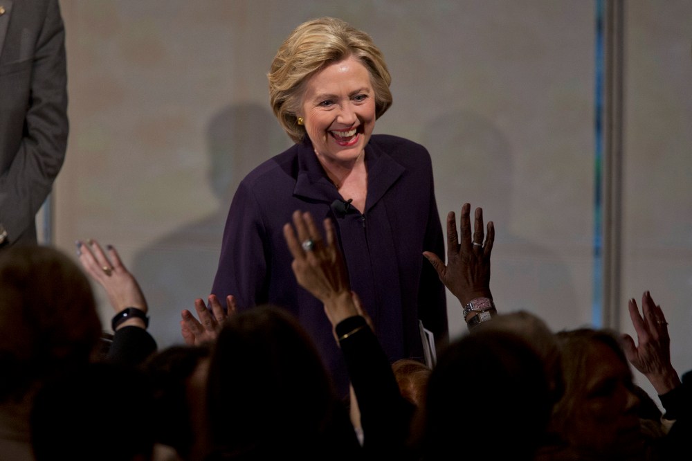 Democratic presidential candidate Hillary Clinton greets members of the audience during a Glassdoor Pay Equality Roundtable, April 12, 2016, in New York. (Photo by Mary Altaffer/AP)
