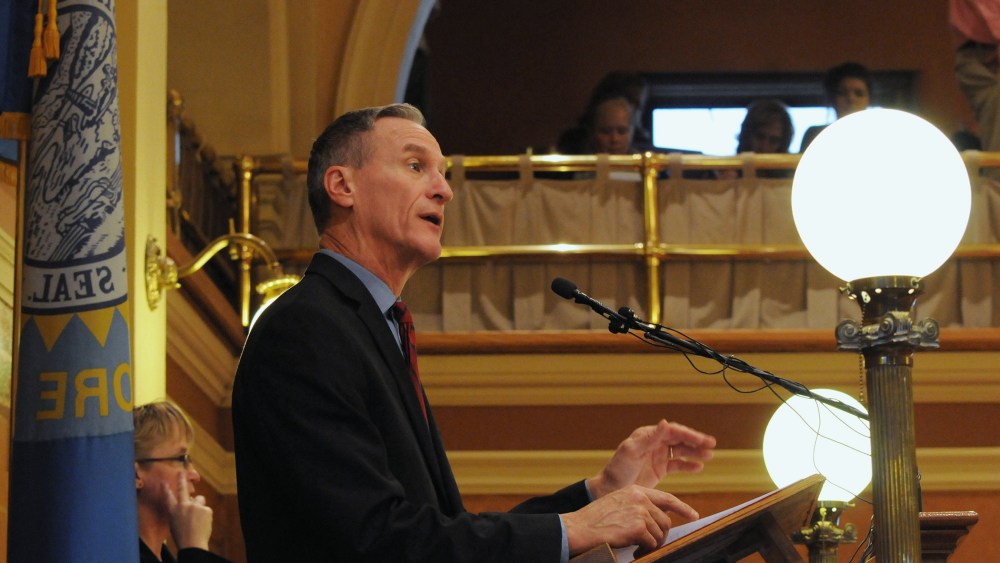South Dakota Gov. Dennis Daugaard speaks during his budget address at the state Capitol in Pierre, S.D., Dec. 8, 2015. (Photo by James Nord/AP)