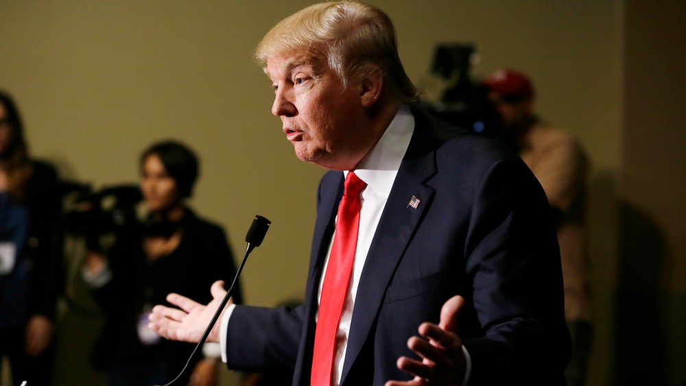 Republican presidential candidate Donald Trump speaks during a news conference, Aug. 25, 2015, in Dubuque, Iowa. (Photo by Charlie Neibergall/AP)