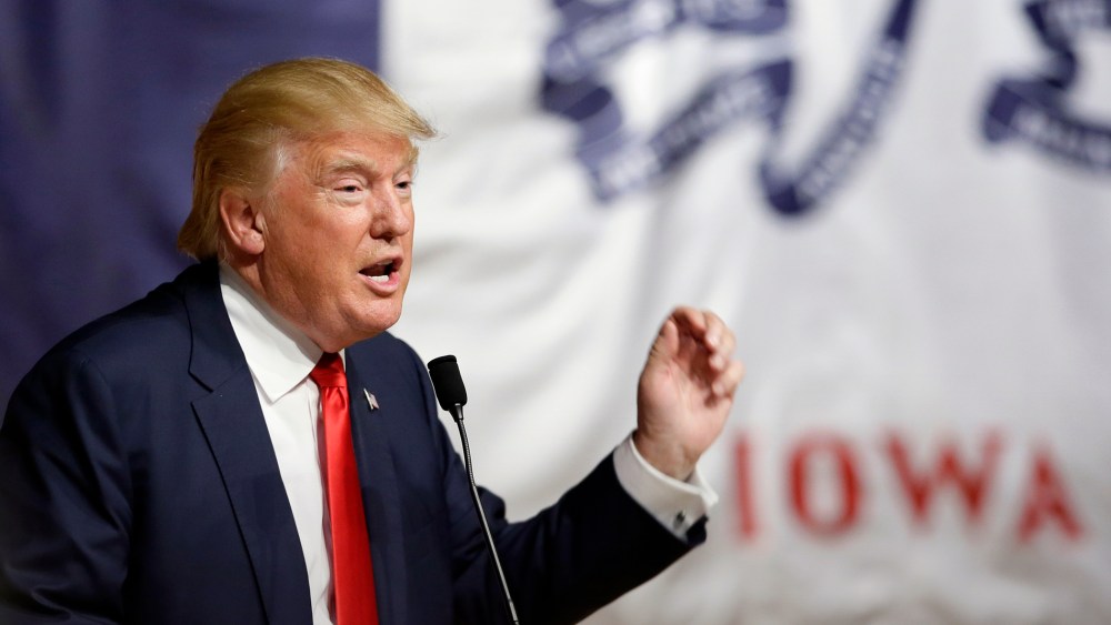 Republican presidential candidate Donald Trump speaks during a campaign stop at the Burlington Memorial Auditorium, Oct. 21, 2015, in Burlington, Iowa. (Photo by Charlie Neibergall/AP)