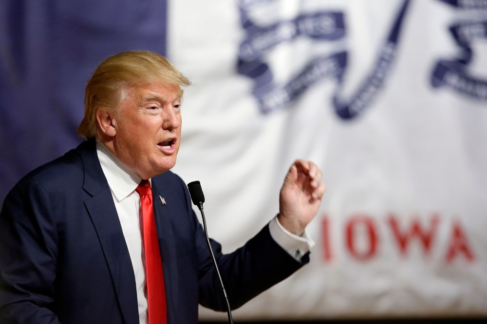 Republican presidential candidate Donald Trump speaks during a campaign stop at the Burlington Memorial Auditorium, Oct. 21, 2015, in Burlington, Iowa. (Photo by Charlie Neibergall/AP)