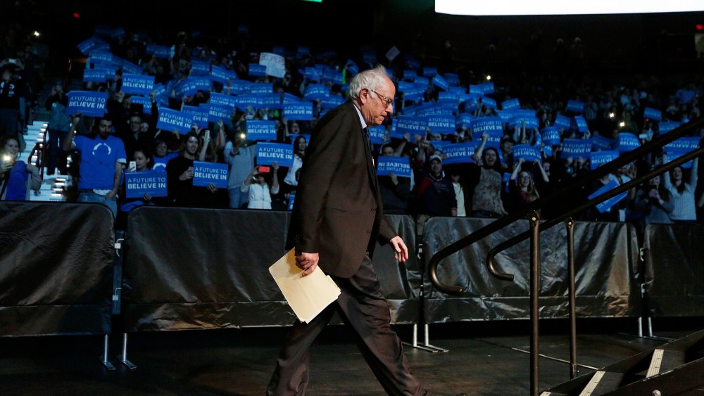 Democratic presidential candidate Sen. Bernie Sanders, I-Vt., walks onto the stage to speak at a campaign rally in Spokane, Wash., March 24, 2016. (Photo by Young Kwak/AP)