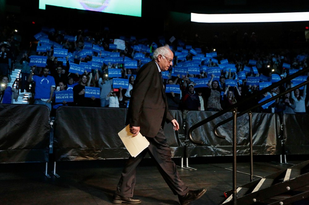 Democratic presidential candidate Sen. Bernie Sanders, I-Vt., walks onto the stage to speak at a campaign rally in Spokane, Wash., March 24, 2016. (Photo by Young Kwak/AP)