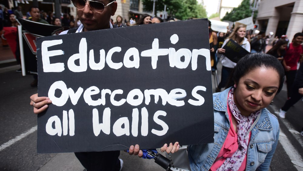 High school students protest in downtown Portland, Ore., on May 23, 2016. (Photo by Alex Milan Tracy/AP)