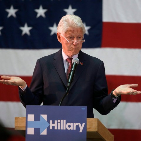 Former President Bill Clinton gestures while speaking in support of his wife, Democratic presidential candidate Hillary Clinton, April 14, 2016, at the Community College of Rhode Island in Warwick, R.I. (Photo by Steven Senne/AP)