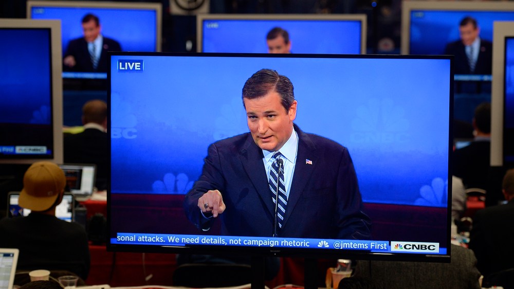 Republican presidential candidate and U.S. Sen. Ted Cruz is viewed on multiple televisions inside the spin room at the GOP presidential debate, Oct. 28, 2015, in Boulder, Colo. (Photo by Jeremy Papasso/Daily Camera/AP)