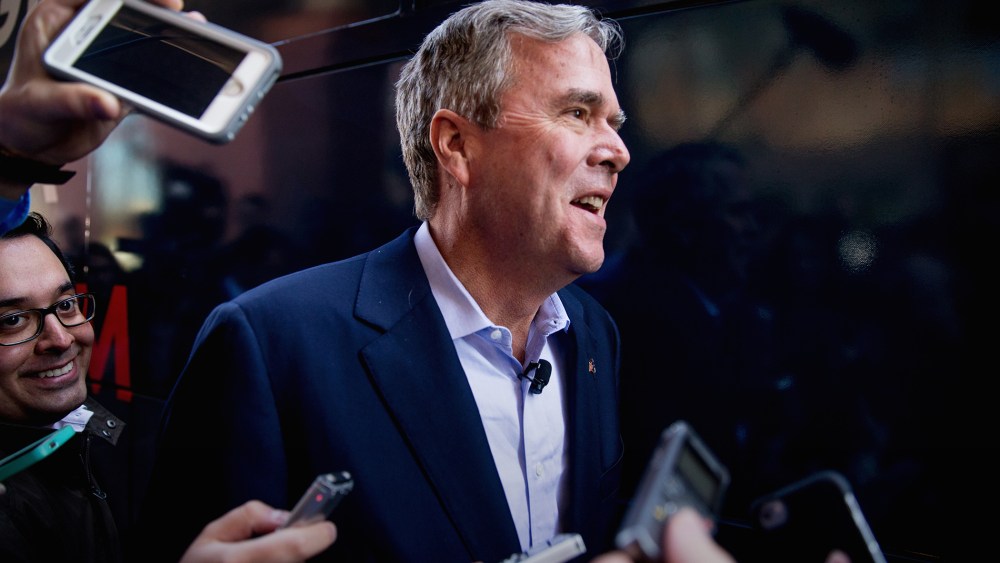 Republican presidential candidate, former Florida Gov. Jeb Bush speaks to the media as he heads towards his campaign bus in Columbia, S.C., Feb. 18, 2016. (Photo by Andrew Harnik/AP)