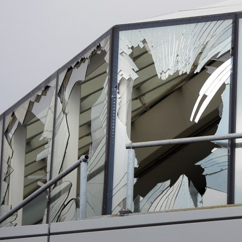 Blown out windows at Zaventem Airport terminal in Brussels on March 23, 2016. (Photo by Frederic Sierakowski/AP)